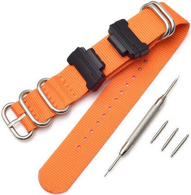 Strap for Casio G-Shock, textile, orange, silver buckle (for models GA-100/110/120, DW-5600, GD-100)